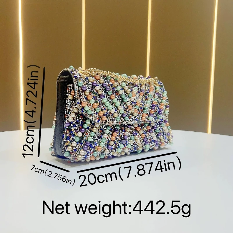 French Retro Pearl Rhinestone Evening Bag for Women Shiny Square Sparkling Flap Clutch Colorful Beading Handbags Bling Bolsa
