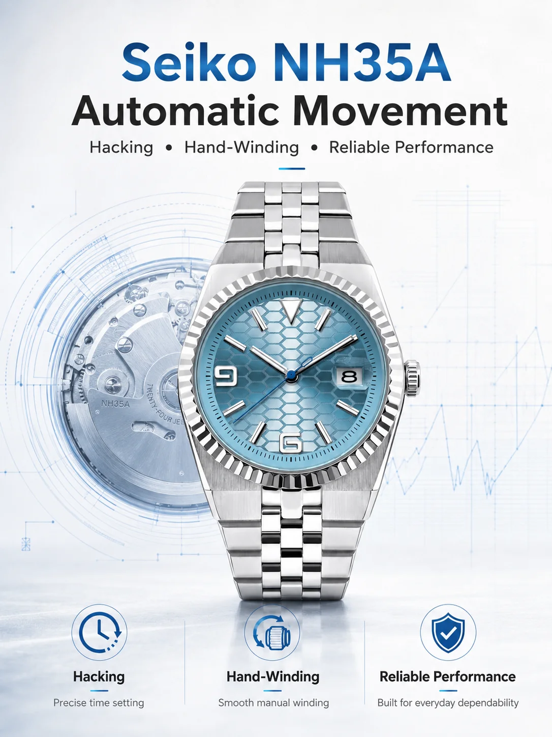 CORGEUT NH35A 8215 Automatikuhr für Herren Eisblaues Waben-Zifferblatt Saphirglas 100M Wasserdicht Leuchtend 316L Stahl Armbanduhr – Detail 3