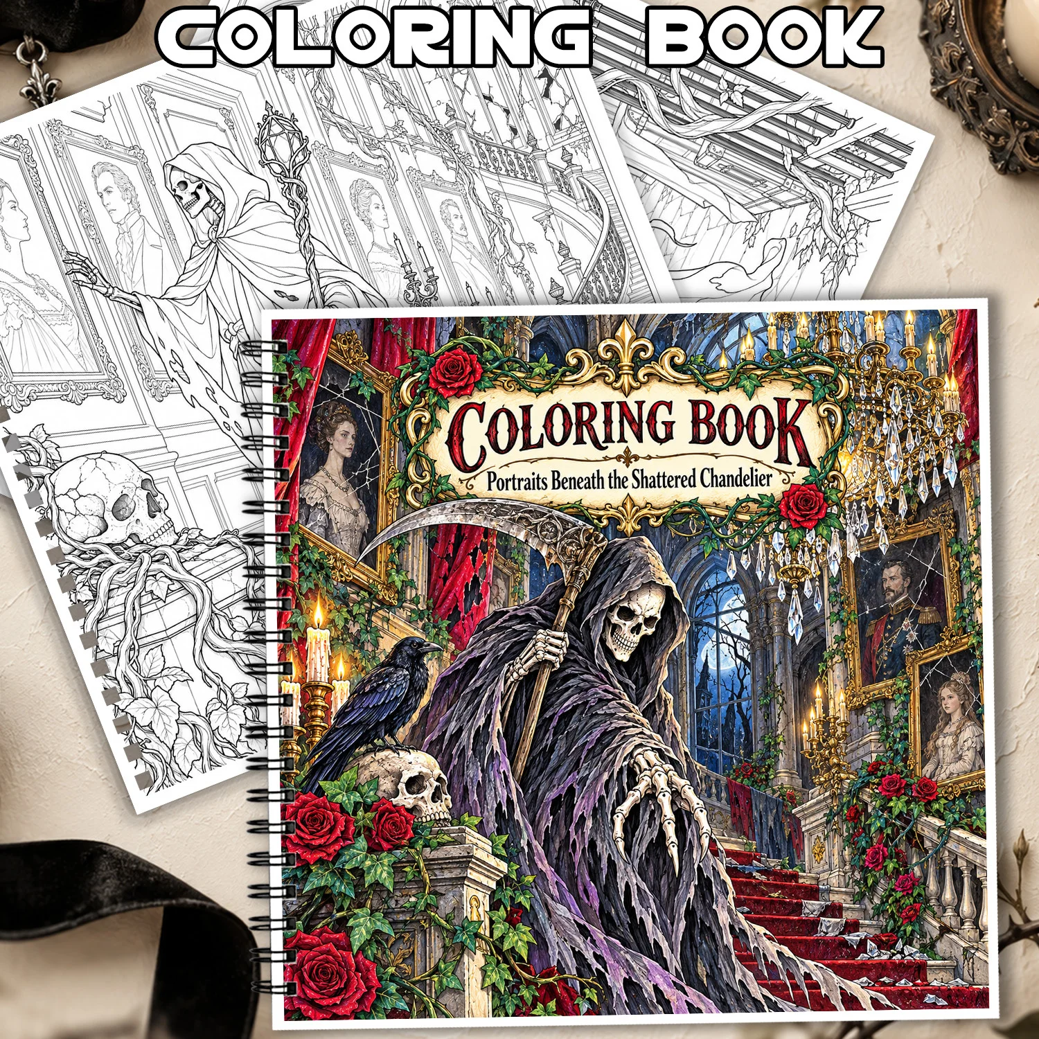 Spiral Binding Coloring Book Portraits Beneath Shattered Chandelier Gothic Art for Adults Showcasing Creativity Relieving Stress