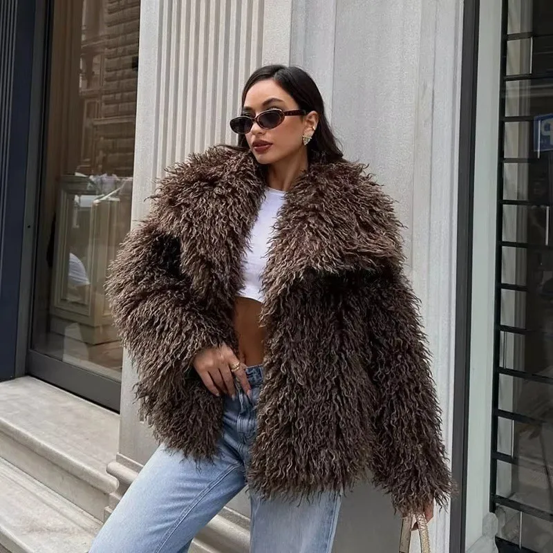 Faux Mongolia Sheep Fur Coats Women Solid Short Jackets Turn Down Collar Open Stitch Thick Straight Casual 2026 Autumn Winter