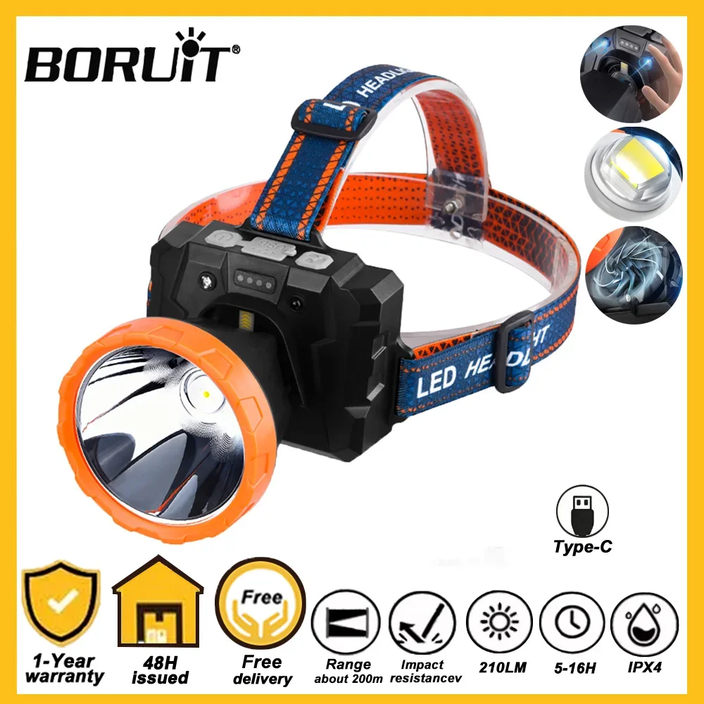 

Налобный фонарь BORUiT Super Bright с индукционным датчиком, перезаряжаемый через USB, со встроенным вентилятором, водонепроницаемый, для кемпинга, рыбалки и активного отдыха
