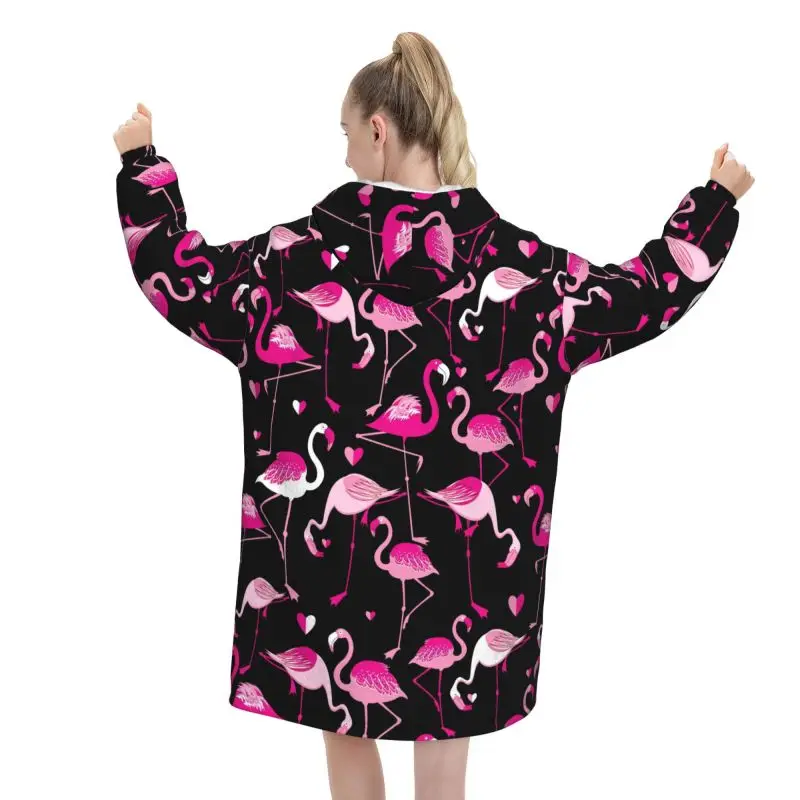 Pink Flamingos Pattern Black Wearable Hooded Blanket Winter Oversized Hoodie Blanket Women Warm Fleece Pullover Sweatshirt