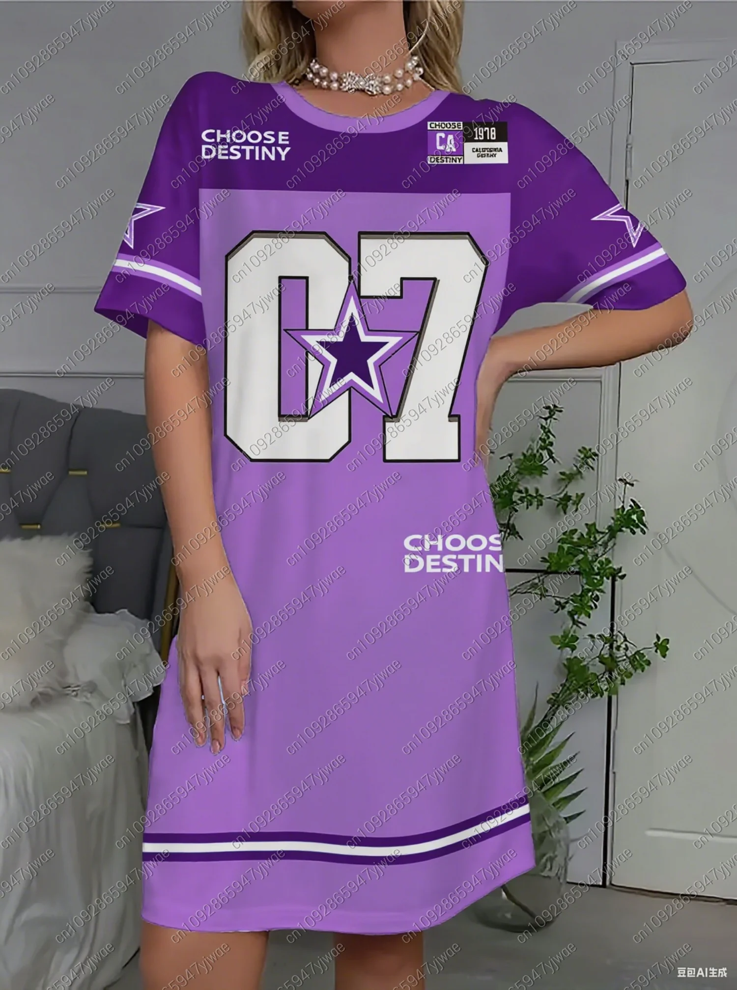 Verão poliéster feminino camiseta vestido solto casual listra no.7 impressão o-pescoço senhora manga curta pulôver vestidos roupas femininas