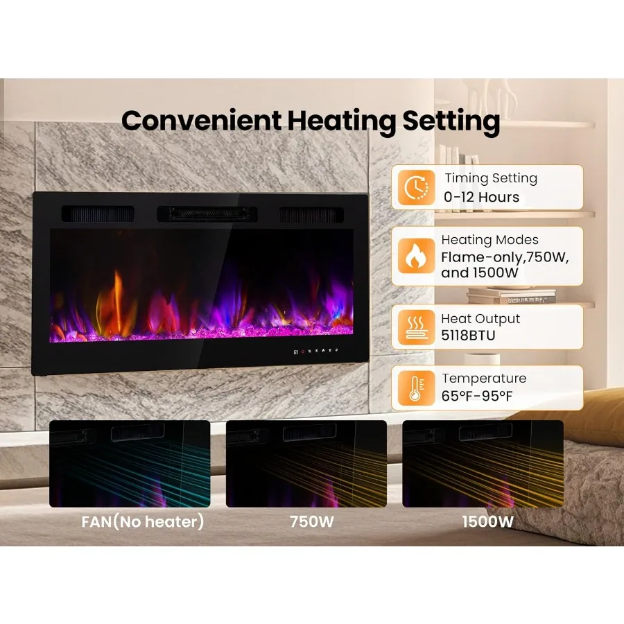 مدفأة كهربائية مثبتة على الحائط 50 بوصة مدفأة 750/1500 وات سخانات مجوفة مع جهاز تحكم عن بعد بشاشة تعمل باللمس Adj #4