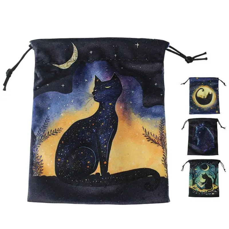 Black Cat Pattern Tarot Card Pouch Hand Gift Bags Tarot Cards Fabric Bag Jewelry Pouch Drawstring Tarot Cards Bag 13x18cm