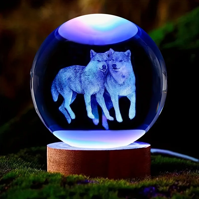 1PC 3D Wolf Crystal Ball Wooden Base Night Light, Girlfriend, Wife, Parents, Christmas Anniversary, Glass Ball, Living Room, Bed