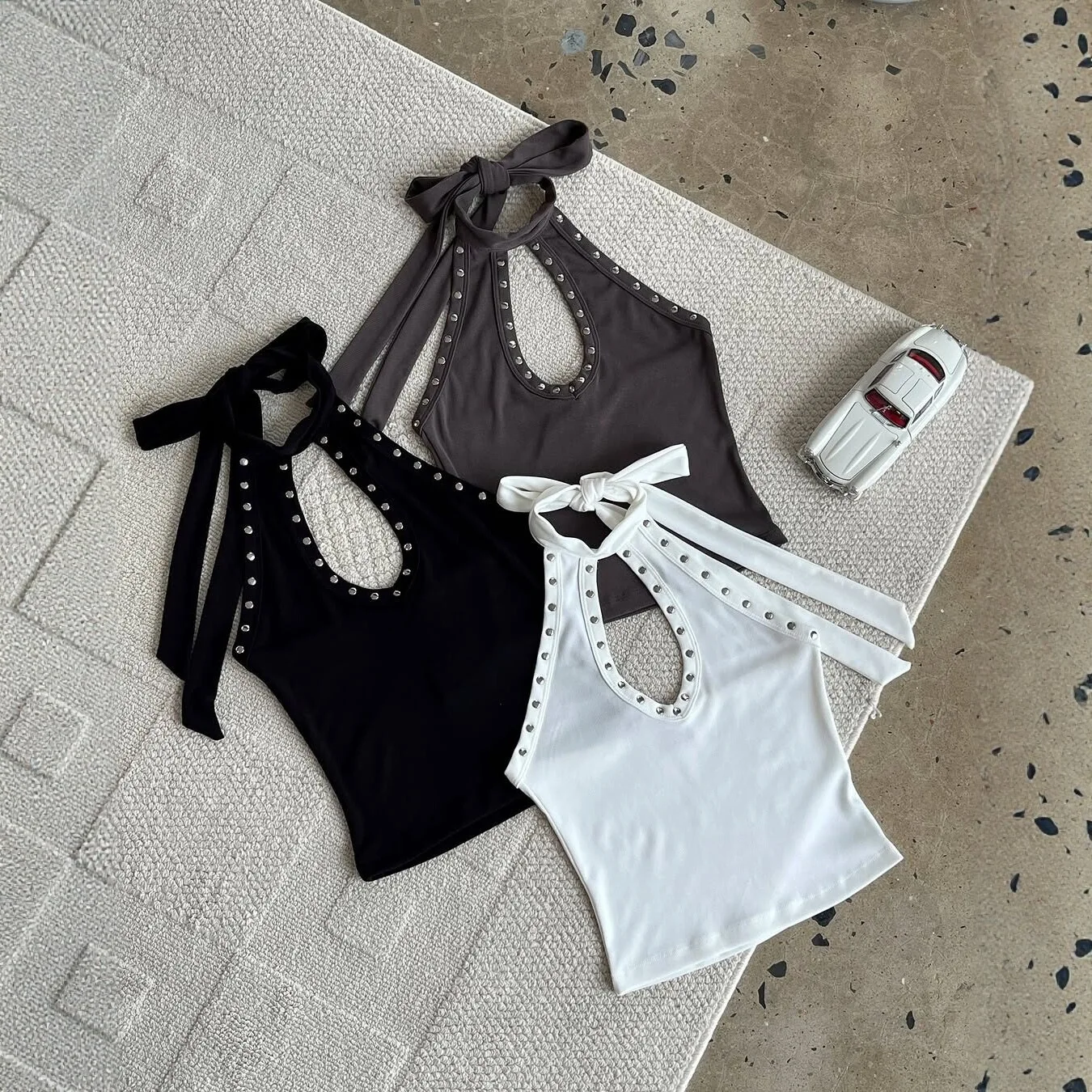 Summer Retro Nail Hanging Neck sexy Spicy Girl Vest Y2K New U-Neck Lace up Slimming Women's Top