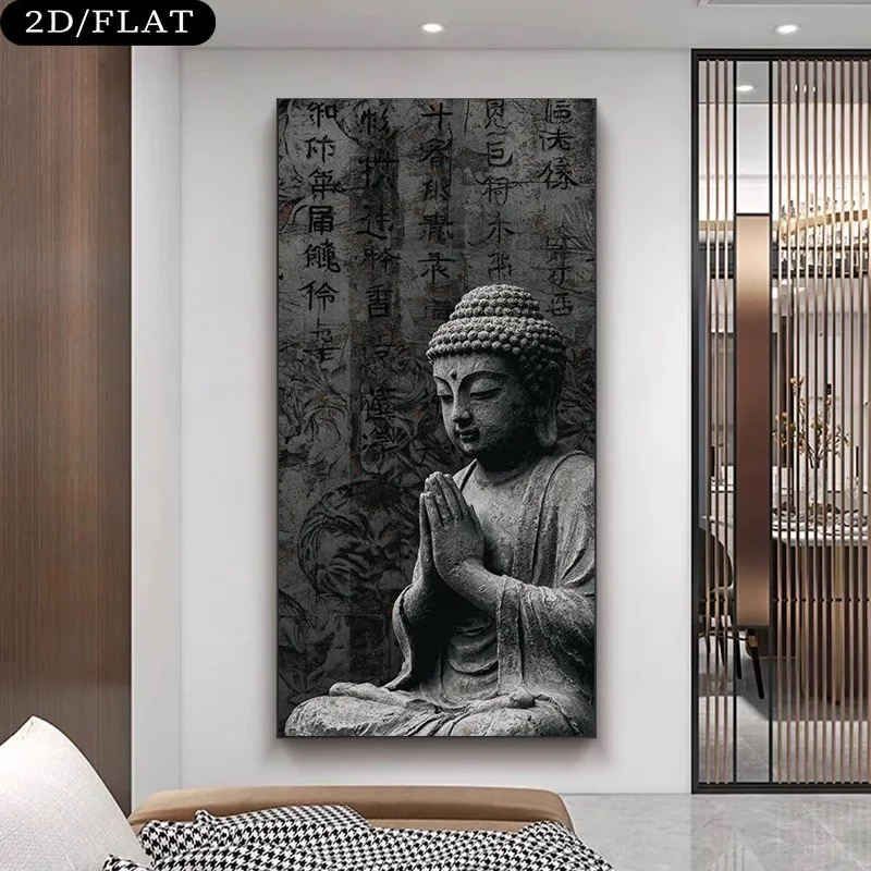 Modern Buddha Statue Chinese Calligraphy Painting Frameless Canvas Print Wall Art for Living Room Zen Meditation Home Decor