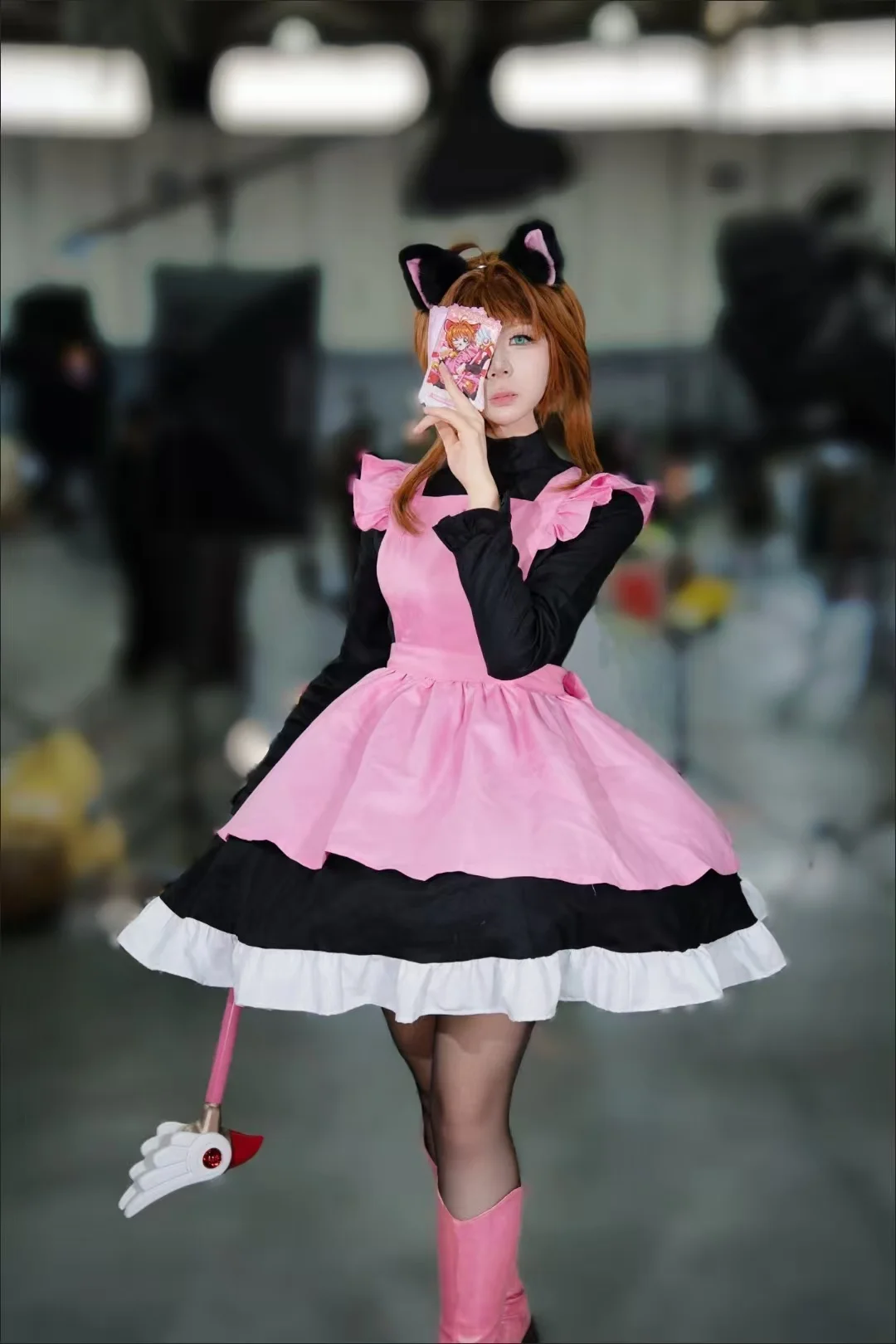 

Cosplay anime Costume Kinomoto Sakura Thunder Card Cat Outfit Pink & Black Catgirl Sakura Anime Set and wig