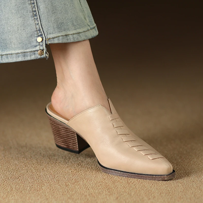 2026 new summer women sandals natural leather 22-25cm weave cowhide+pigskin pointed toe high heel women slippers fashion