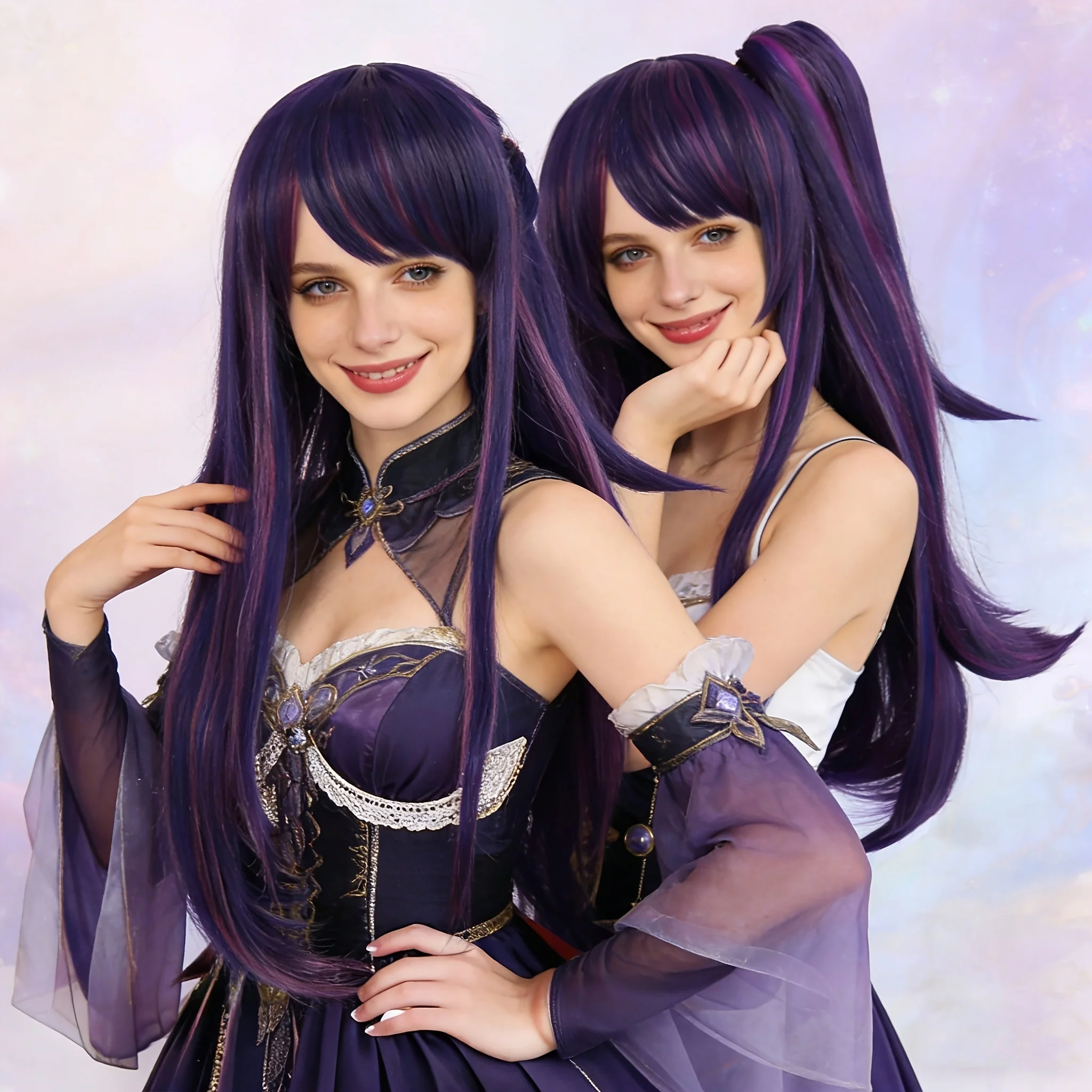 Purple Pink Ombre Long Straight Wig for Women, Heat Resistant Fiber, Natural Fluffy Full Wig, Y2K Anime Cosplay K-POP Idol Style