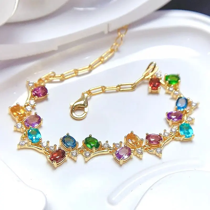 

Natural colored gemstone bracelet for party 3mm*4mm topaz garnet diopside 925 silver bracelet with 18K gold plating