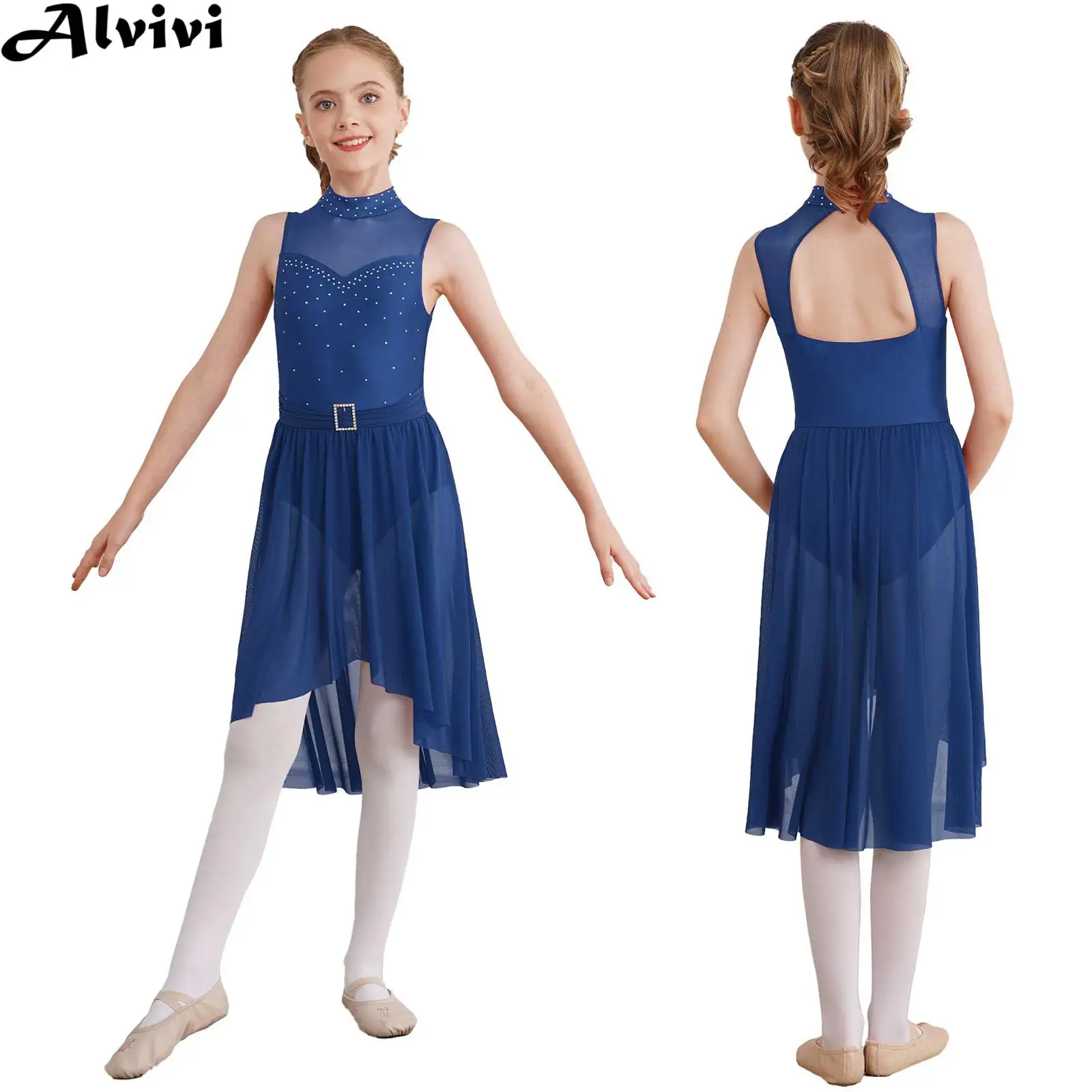 Vestido de baile lírico moderno para niñas, traje de actuación de patinaje, gimnasia, Ballet, sin mangas, vestidos de leotardo de malla con diamantes de imitación