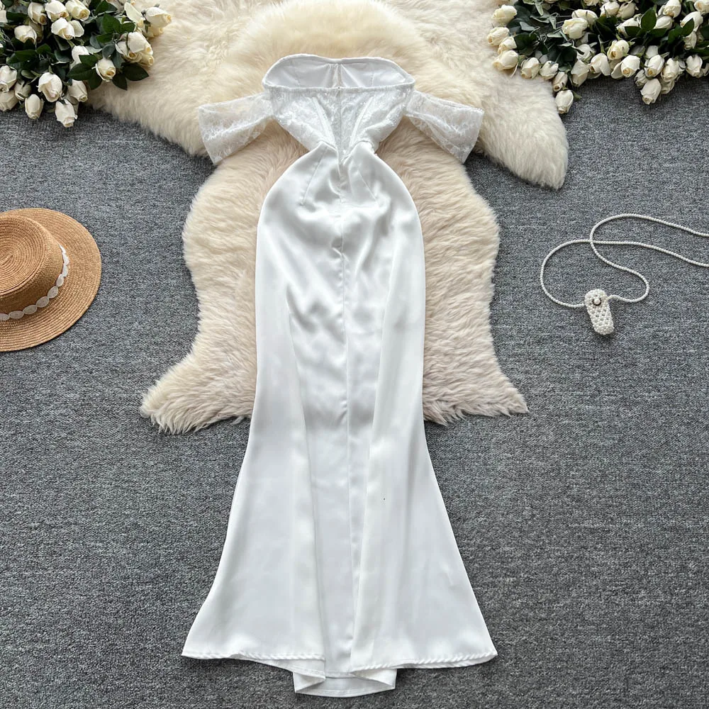 シックなヴィンテージノースリーブ刺繍サテンペンシルドレスエレガントな妖精韓国ファッション女性服