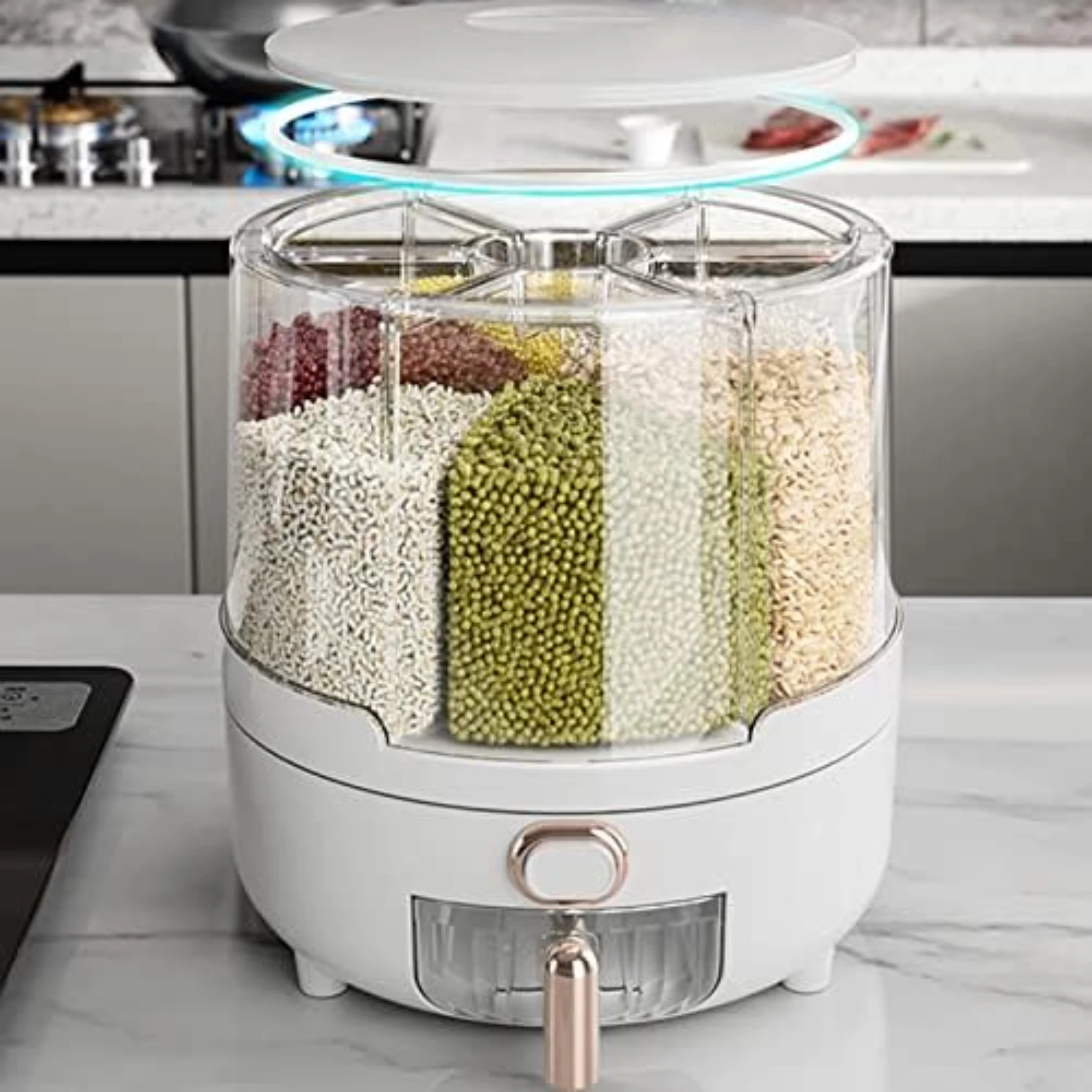 Rotating Rice Dispenser with 6 Compartments - BPA-Free Plastic Grain Storage Container for Rice and Beans