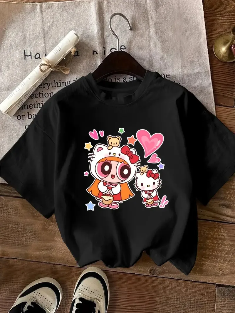 

Хлопковая футболка Sanrio Hello Kitty X Powerpuff для девочек с милым принтом для совместной работы с сердечками и звездами, забавный дизайн из чистого хлопка для фанатов