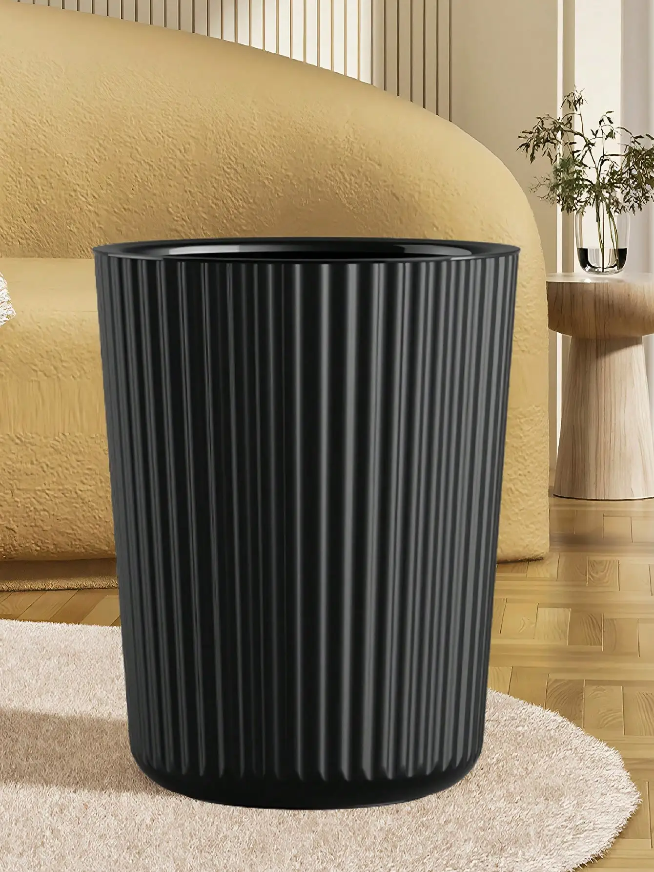 1pc Simple Striped Trash Can, White/Black/Beige Paper Basket Bin For Bedroom, Living Room, Bathroom, Waste Management Container