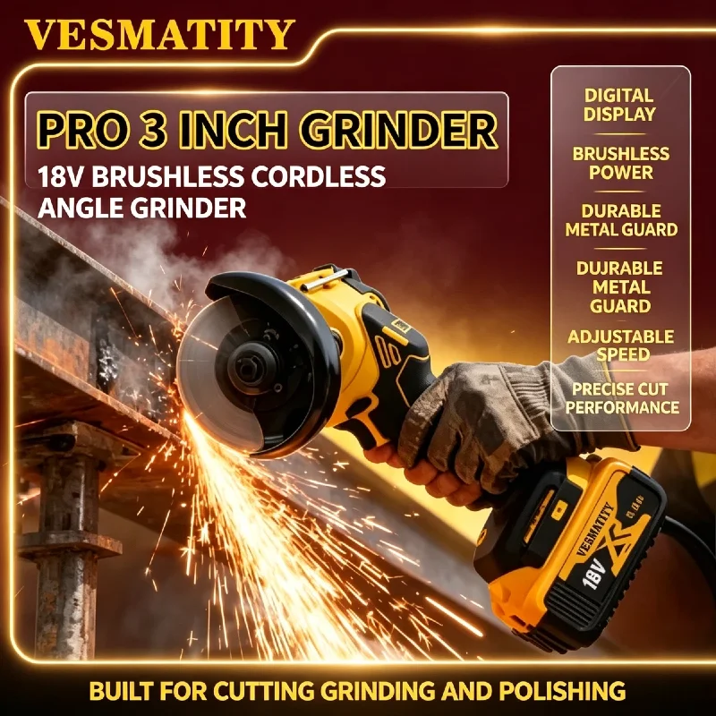 For Metal Tile Ceramic VESMATITY 3 Inch Cordless Mini Angle Grinder Polishing Grinding Cutting Power Tool for 20V Battery Pro