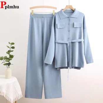 Kore Tasarım Örme 2 Parça Setleri Kadın Tek Göğüslü Triko Kazak Hırka Üstleri Takım Elbise Yüksek Bel Geniş Bacak Pantolon Kıyafet