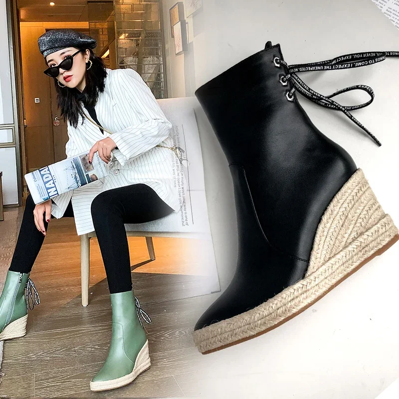 Women\'s High Quality Ankle Boots Women\'s Hemp Rope Straw Platform Wedge Boots Women\'s Zipper Back Collar Autumn Boots