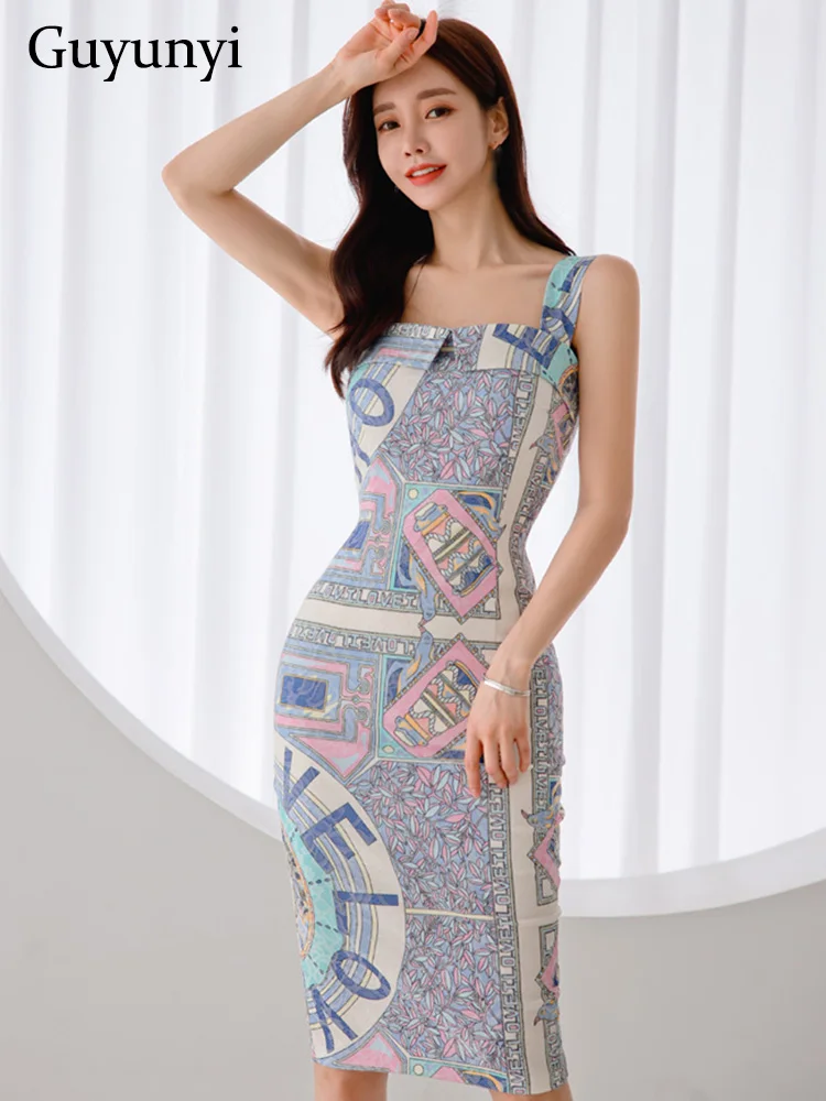 High Street Dress Summer Fashion Print Temperament Square Neck Tank Backless High Waist Sheath Elegant Party Dress Women