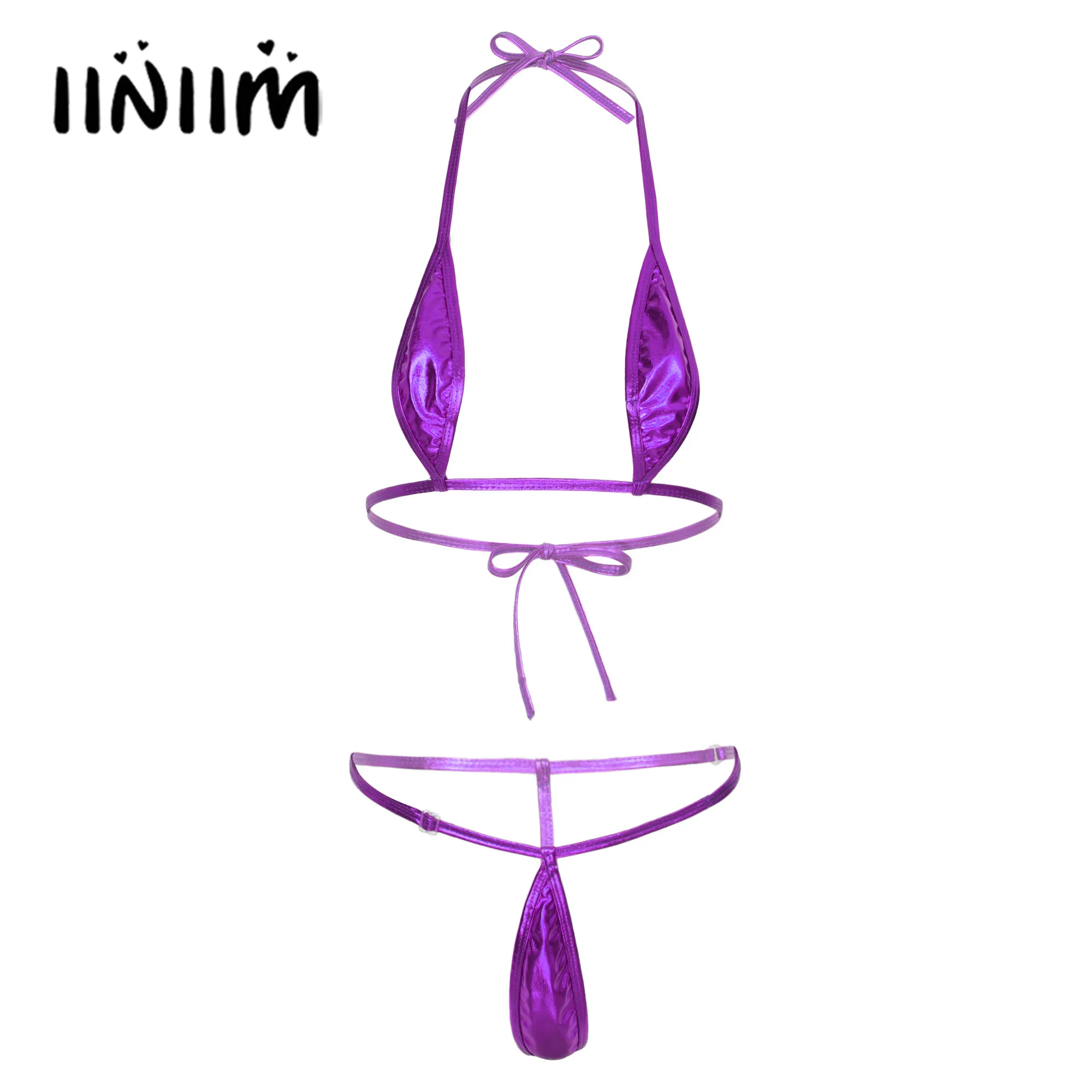 Sexy Womens Glossy Brazilian Micro Mini Bikini Set Lingerie Swimwear Swimsuit Bikini Bra Top with G-string Thongs Underwear