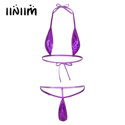 Conjunto de microbikini brasileño brillante para mujer, lencería Sexy, traje de baño, sujetador, Top con Tanga, ropa interior