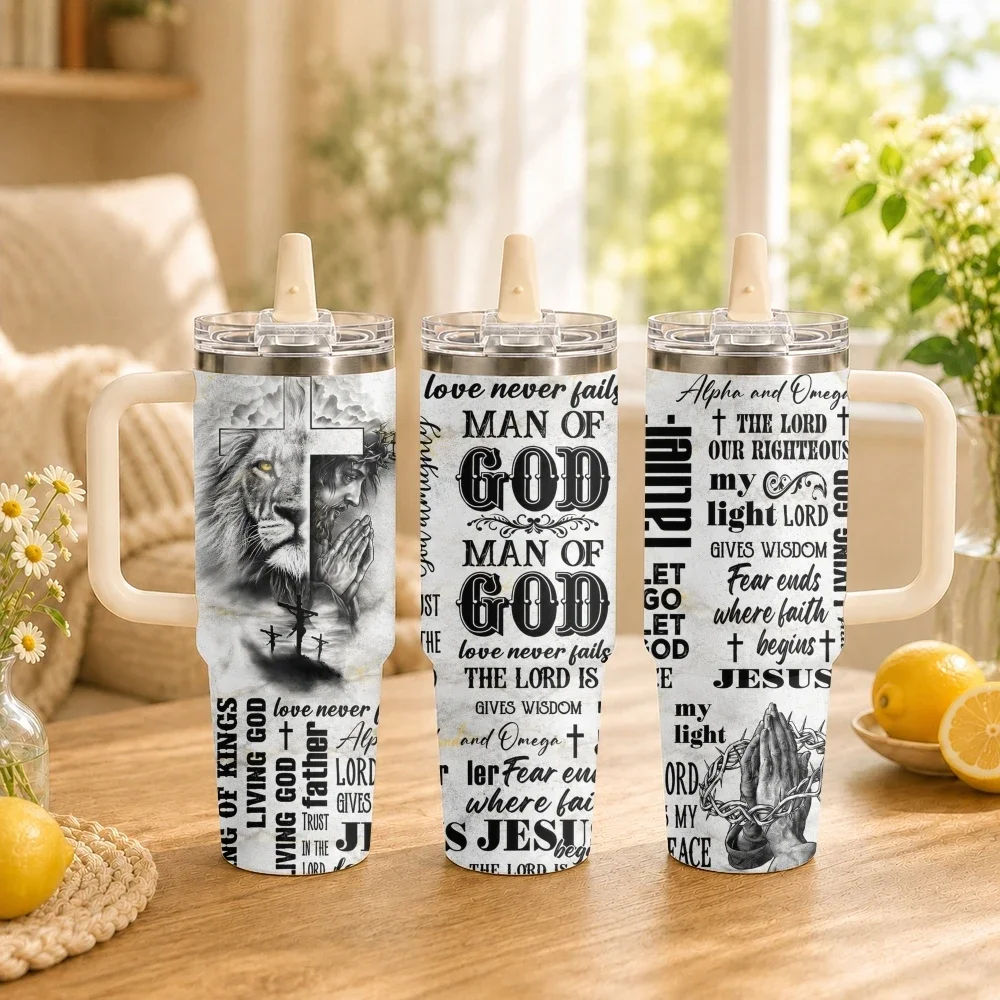 Man Of God Design Vacuum Flasks 40oz Thermal Tumbler with Handle Stainless Steel Vacuum Insulated Water Portable Mug Cup