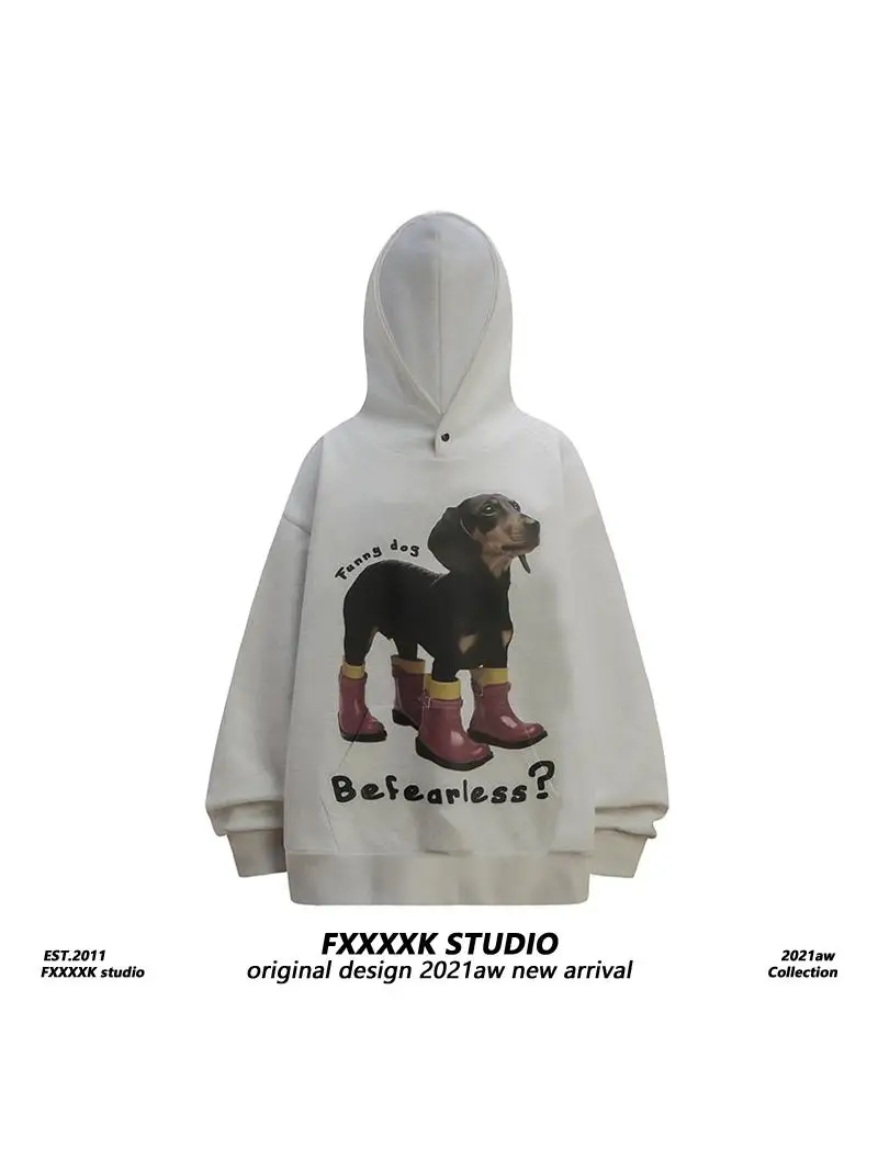 

FXK оригинальная американская уличная одежда в стиле ретро с милым принтом маленькой собаки, свободная толстовка с капюшоном High Street Aby Sle, осенняя мода