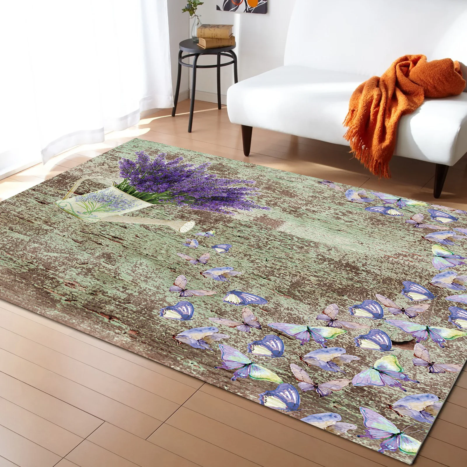 

Flower Lavender Butterfly Retro Carpet Area Rug Children's Room Living Room Bedroom Large Rug Home Play Decoration Floor Mat