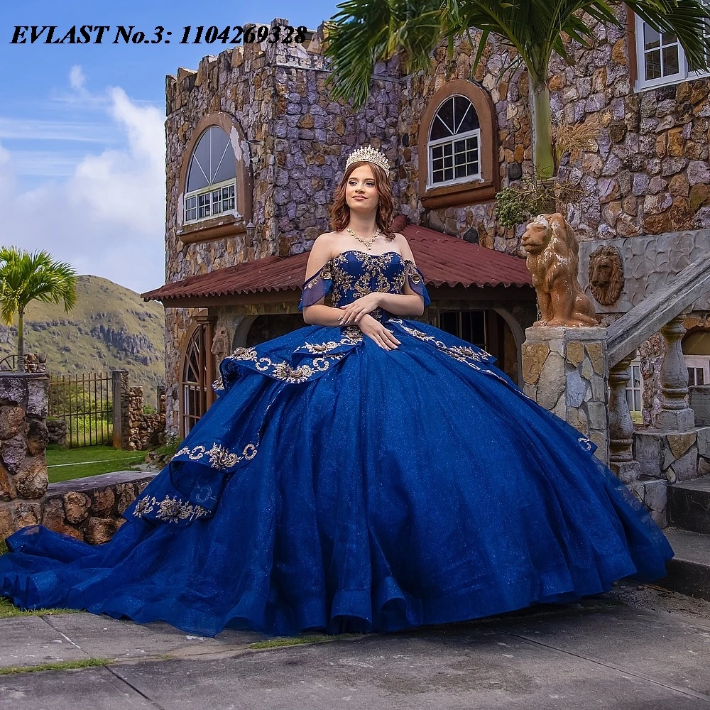

EVLAST индивидуальное блестящее темно-синее платье Quinceanera, бальное платье с золотой кружевной аппликацией и бисером, Sweet 16, Vestidos De 15 Anos E3Q743