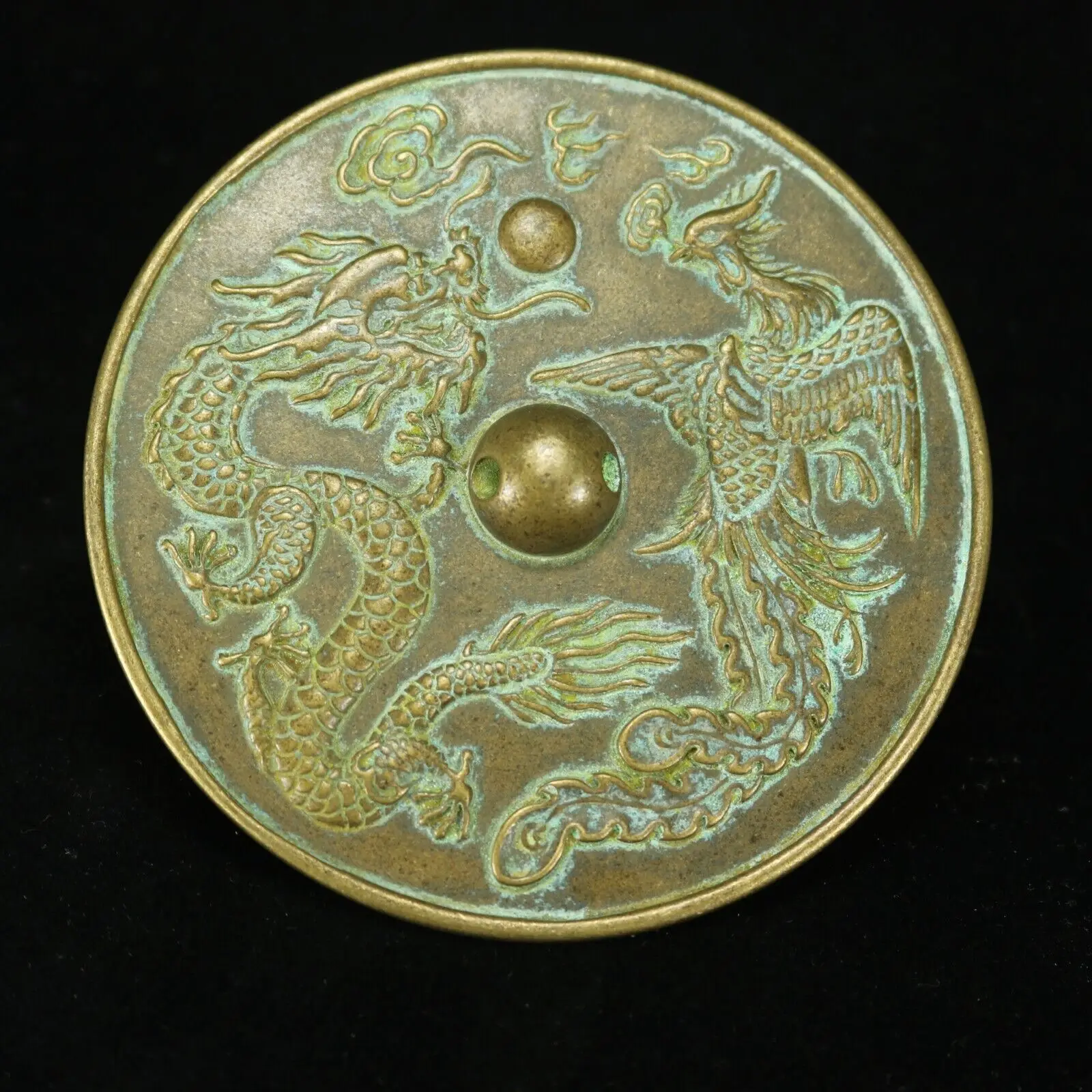 

Chinese Copper Brass Bronze Palace Dragon Phoenix Pattern Round Mirror Mirrors