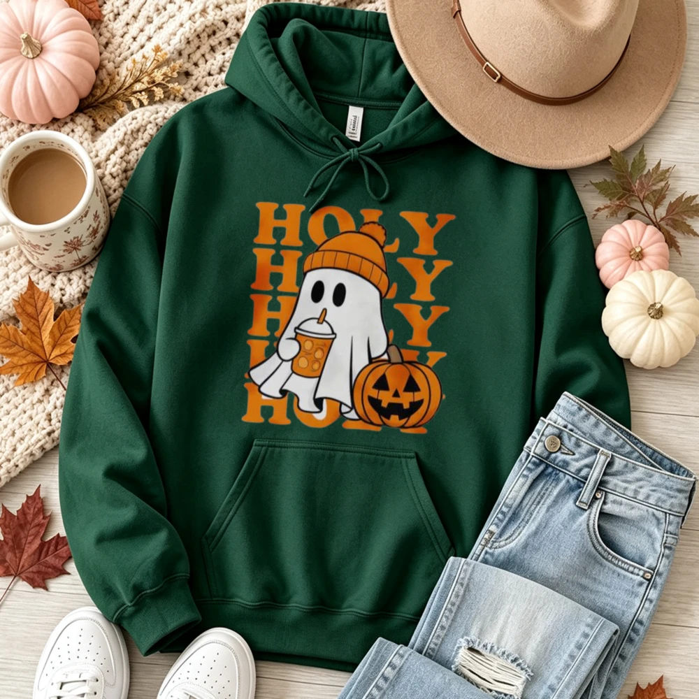 Holy Cute Ghost Pumpkin Spice Latte Graphic Hoodie Unisex Hooded Sweatshirt Halloween Fall Season Long Sleeve Casual Pullover view 3