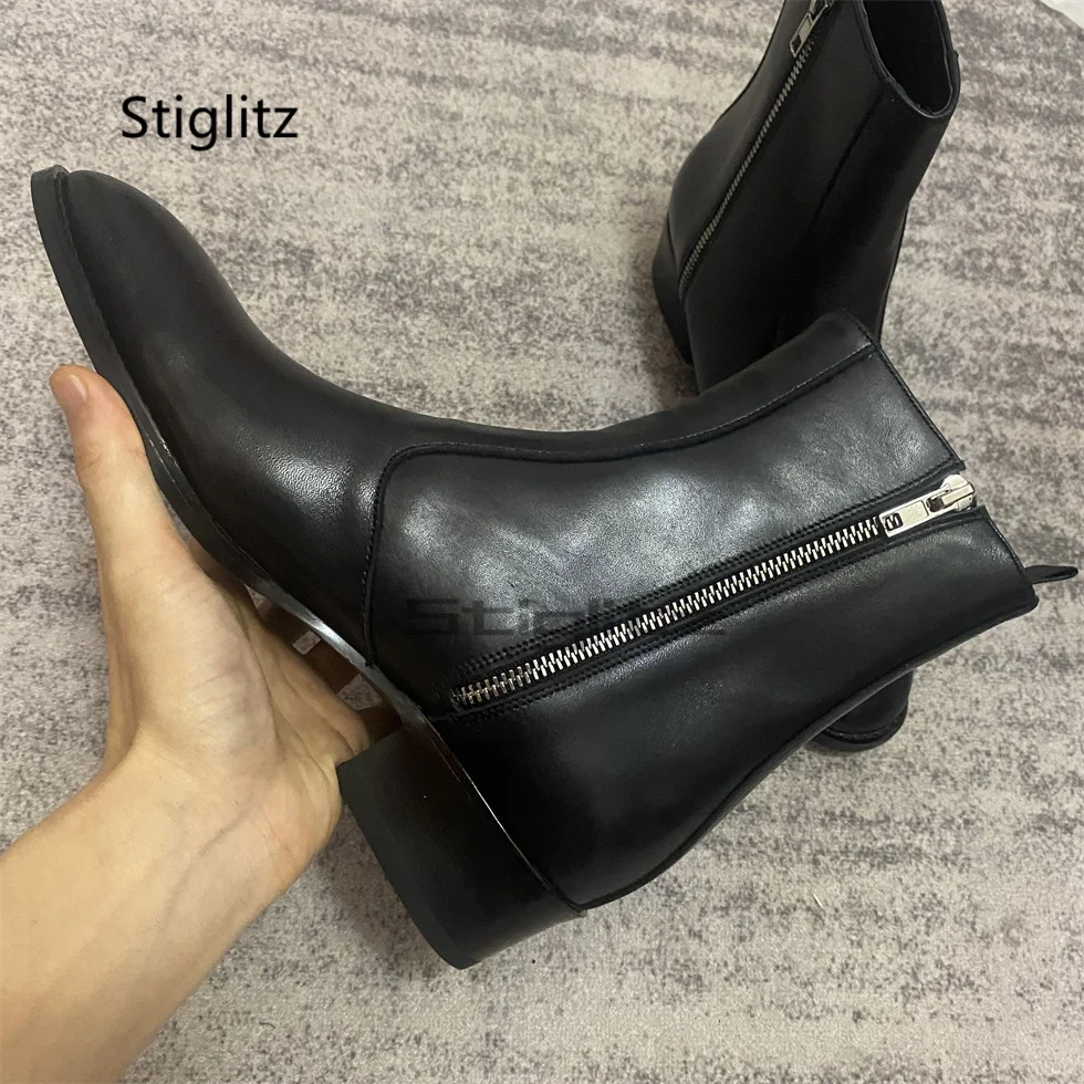 

Black Cowhide Low Heel Chelsea Boots for Men British Style Pointed Toe Genuine Leather Short Ankle Boots Business Dress Shoes