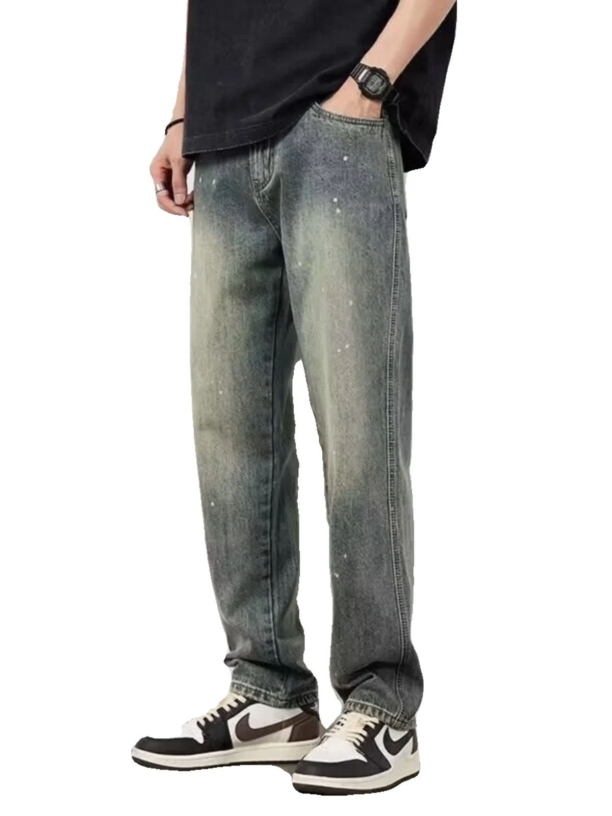 Американские джинсовые джинсы в стиле ретро, мужские весенне-осенние тонкие модные свободные прямые брюки с завышенной талией, универсальные широкие длинные брюки