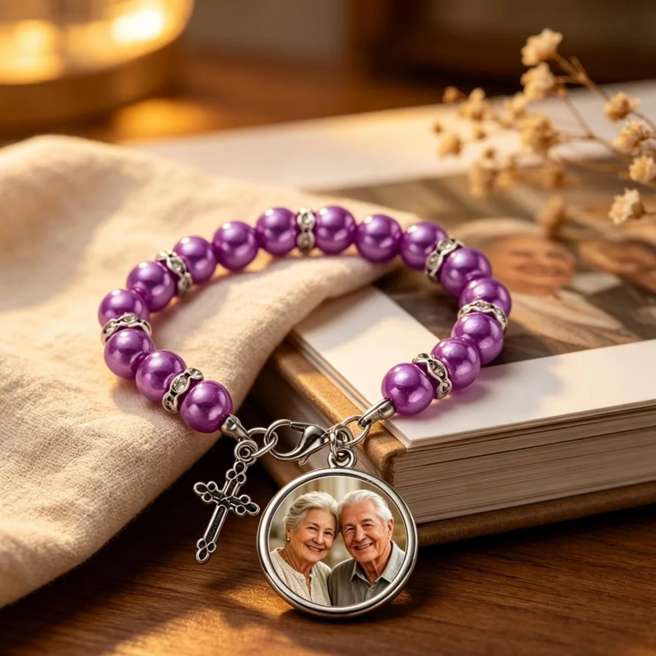 Custom Photo Beaded Bracelet with Cross Charm, Personalized Picture Round Pendant Bracelet, Memorial Jewelry Gift for  lovers