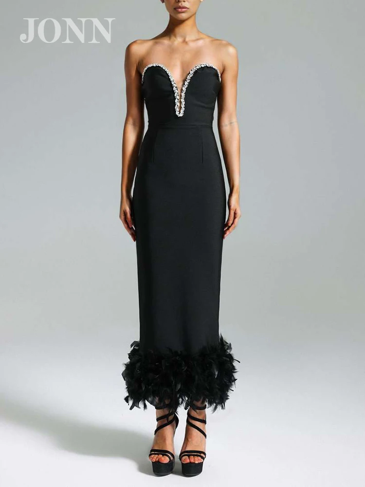 

JONN Elegant Sexy Strapless Bodycon Dress Women Black with Diamonds Feathers Off Shoulder Crystal Bandage Evening Party Gowns