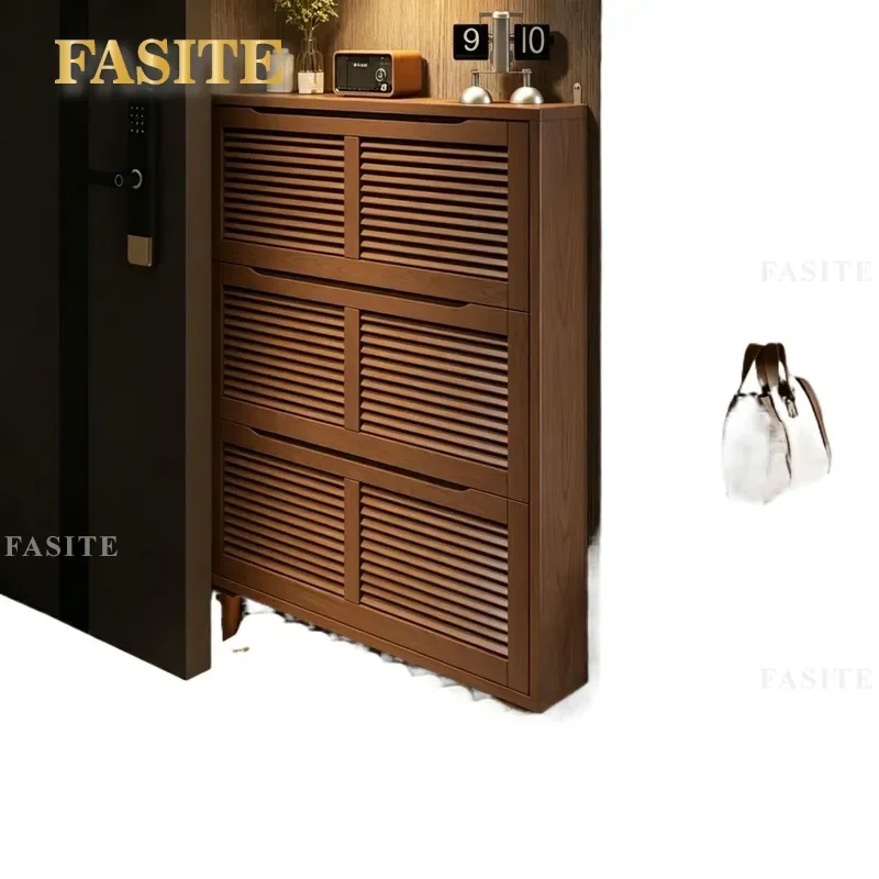 Ultra-thin Solid Wood Shoe Cabinet Flip Door Storage Narrow Entryway Hallway Wall Mounted Space Saving Organizer for Home