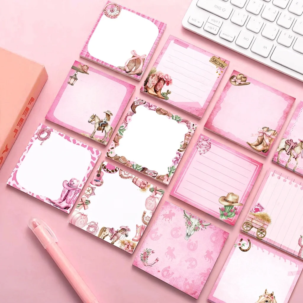 

Western Cowboy Style Pink Square Self-adhesive Sticky Notes 240 Sheets Memo Pads for DIY Journal Office School Supplies