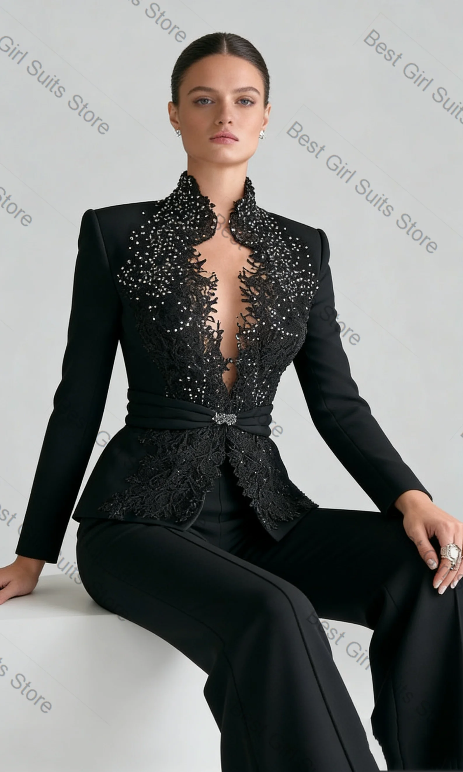 

Black Women Suit Set 2 Piece Blazer+Pants Beaded Appliqued Cotton Spring Formal Office Lady Jacket Customized Wedding Coat