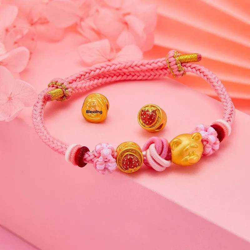 Chinese Style Lucky Rotatable Strawberry Feng Shui Bead 24k Gold Plated Sand Gold Blessing Fortune Attracting Good Luck Bracelet