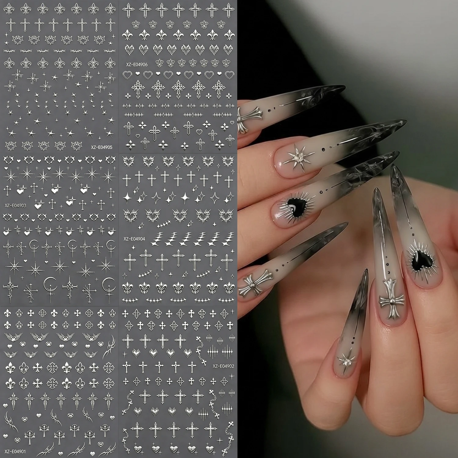 6 Stück/Set Metall Gold Kreuz Sternenlicht Nagelaufkleber Y2K 3D Glänzender Mond Stern Nagelsticker 8*10cm Selbstklebende Kreuz-Nageldekoration # 8 – Detail 3