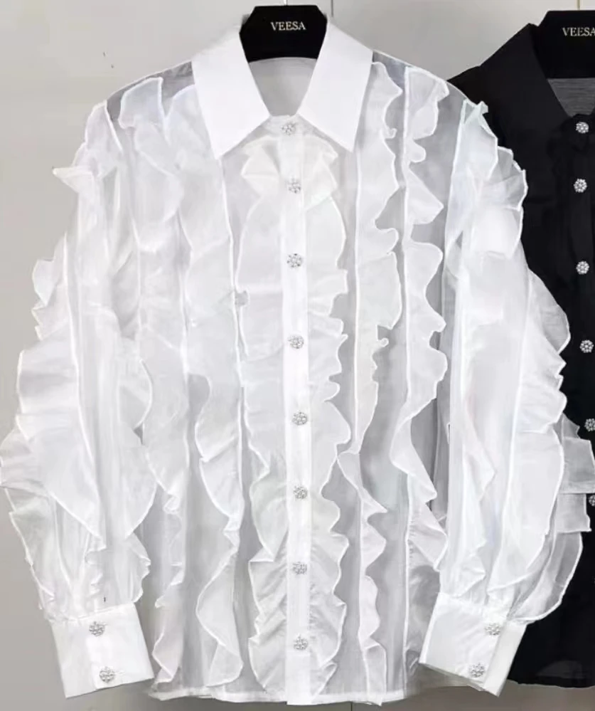 New In Ruffles Spliced Design Pears Buttons Shirts Blouses For Women White Single Breasted Fashion Top Women Clothing