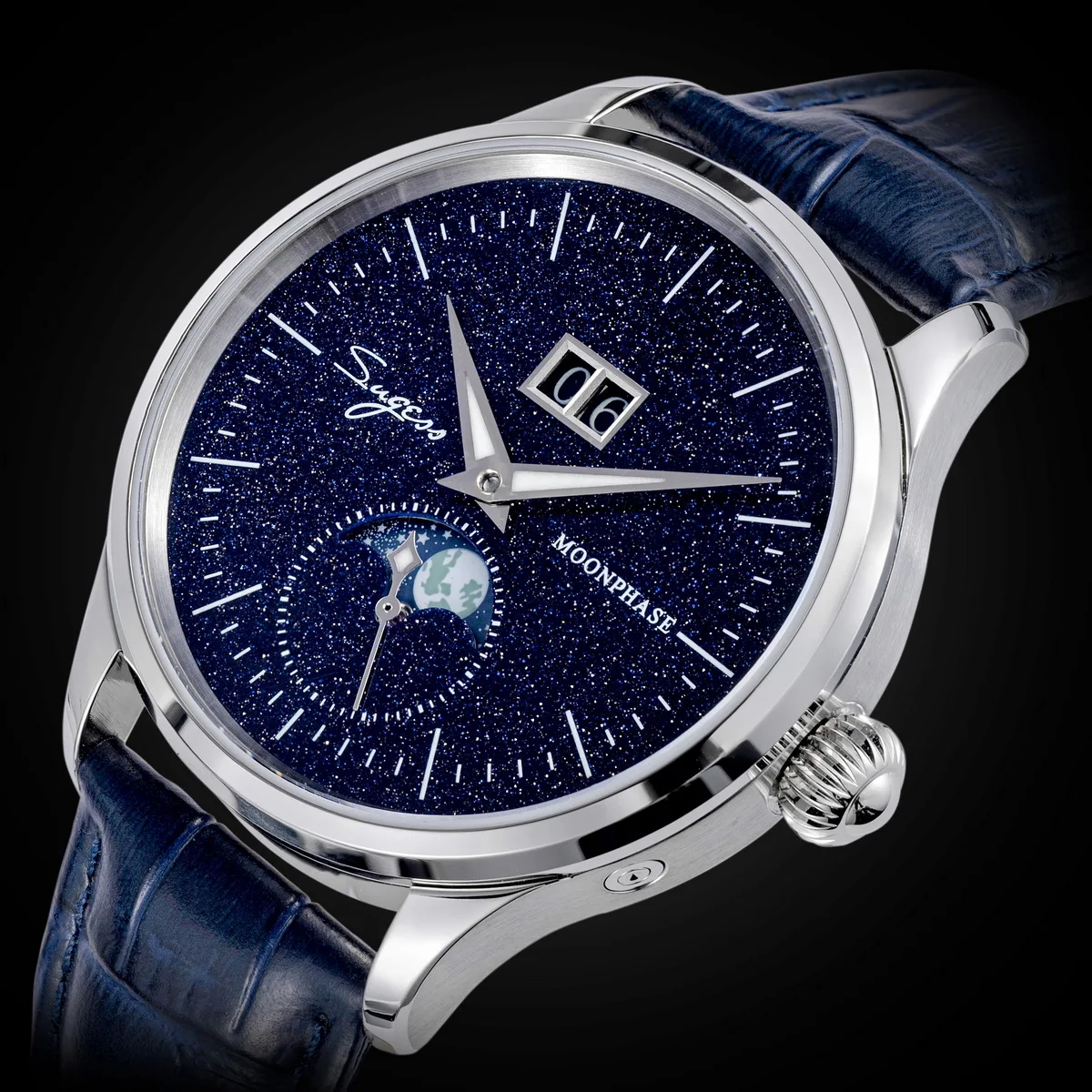 Sugess Moonphase Herrenuhr, 40 mm, automatische mechanische Armbanduhren, Origin ST2528, Uhrwerk, blaue Sandstein-Zifferblätter aus Edelstahl – Detail 19