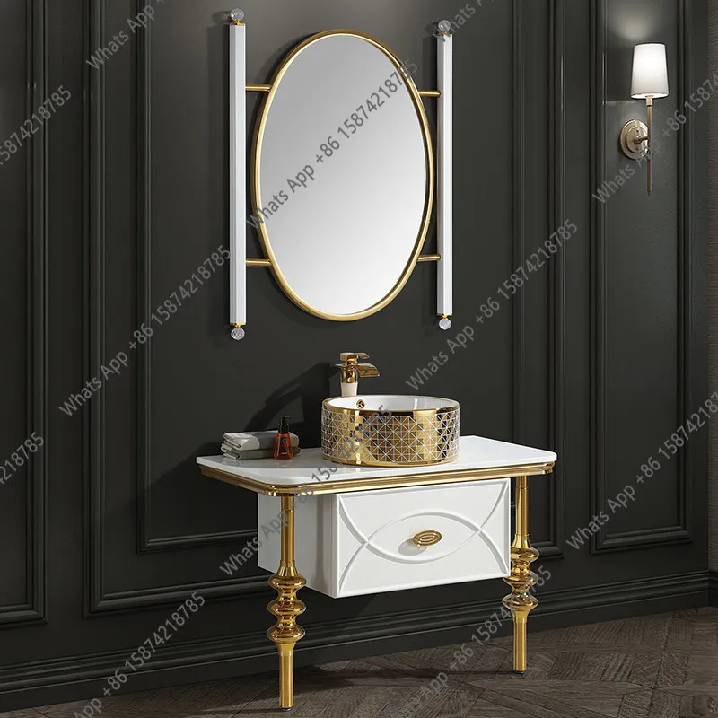 

Luxury stainless steel bathroom cabinet combination bathroom Nordic light luxury table wash basin cabinet floor