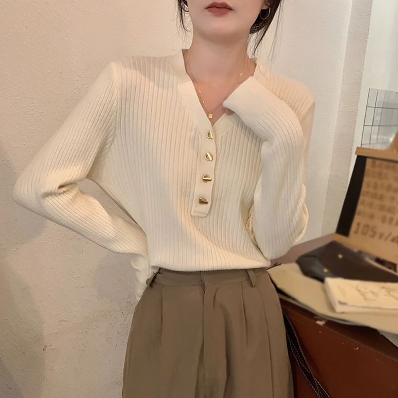 Autumn Women's Knitwear Comfortable Tops Winter Versatile Slim Fit Sweater Long Sleeved Button Design V-Neck Solid Base Bottoms