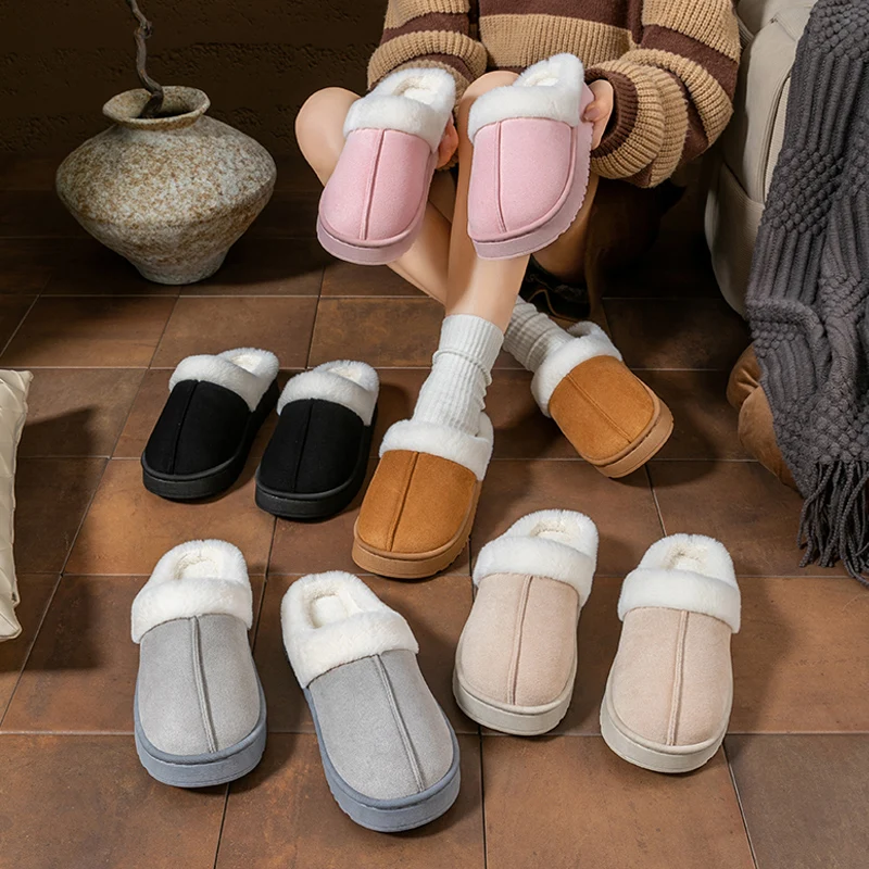 Fashion Fluffy Platform Slippers for Women Men Winter Plush Warm Cotton Shoes Woman Comfort Non Slip Unisex Home Slippers image 2