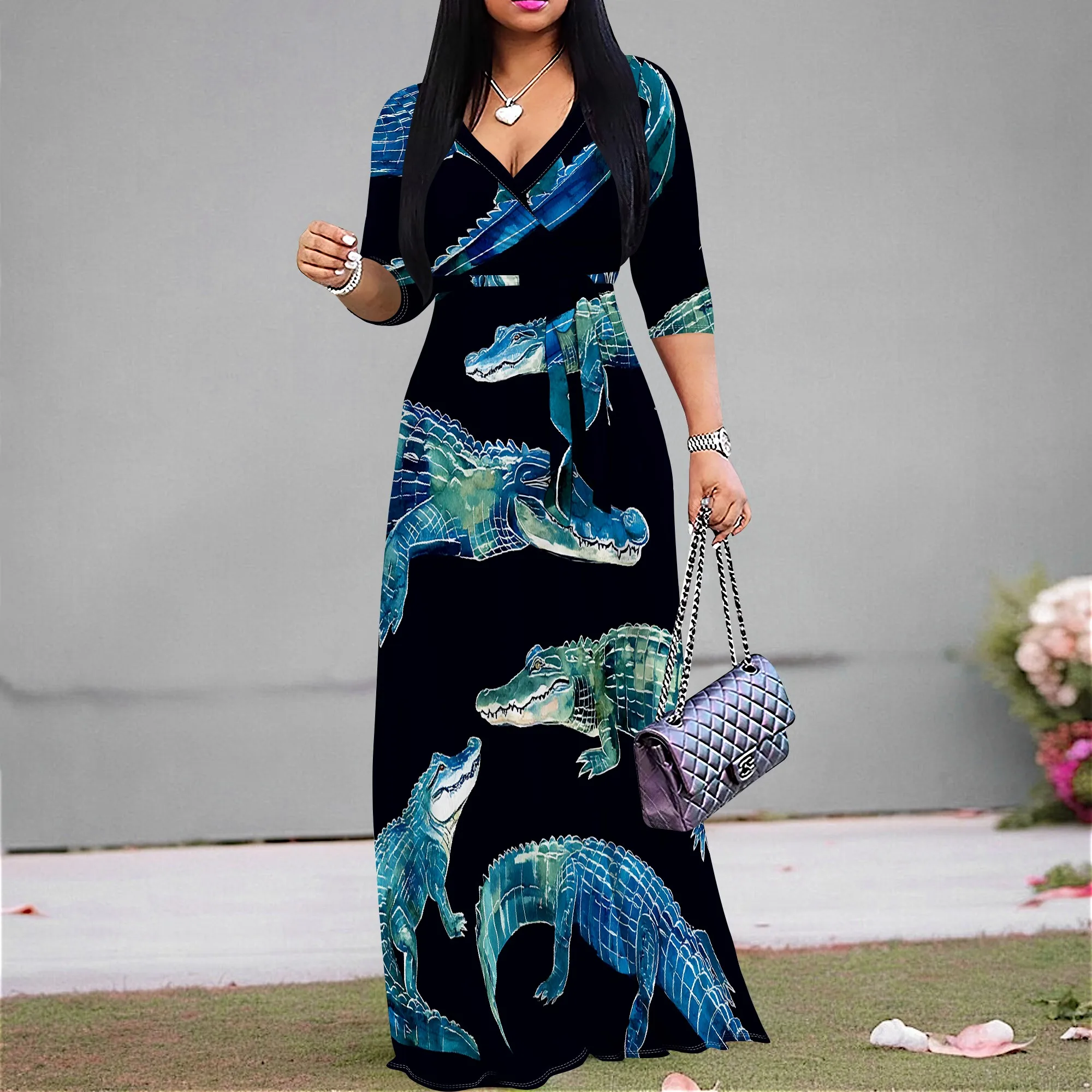 

Women's Exotic Alligator Print Maxi Dress - Elegant V-Neck Wrap Gown for Safari Party & Vacation S-3XL