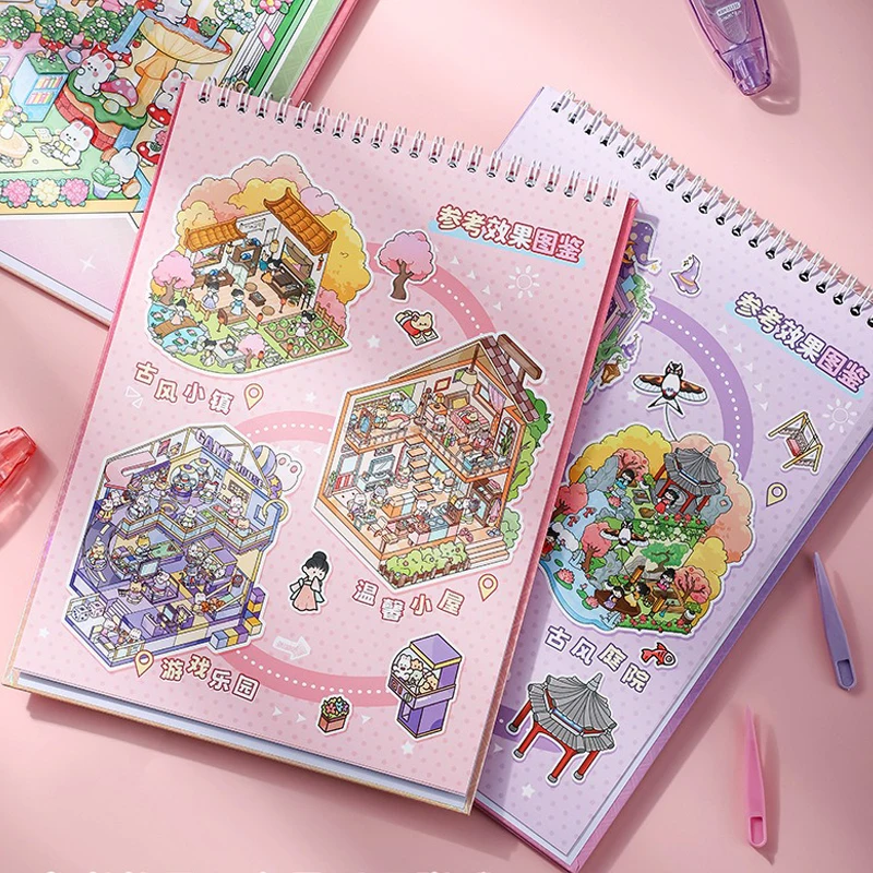 6Sences in Book Plus Size Cartoon 2.5D Landscape Sticker Game Collection Books DIY Festival Birthday Gift Present for Kid Child