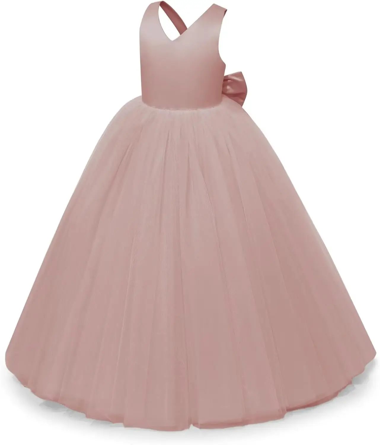 Blumenmädchenkleid mit gekreuzten Schulterträgern und großer Schleife auf der Rückseite, Party-Tanzkleid aus Satin-Chiffon für Mädchen, formelle Kleidung